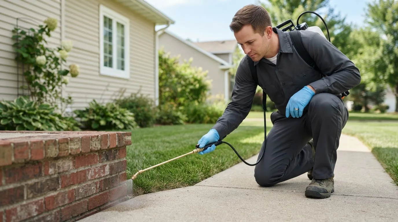 Pest control technician treating a home near Fairbank, IA