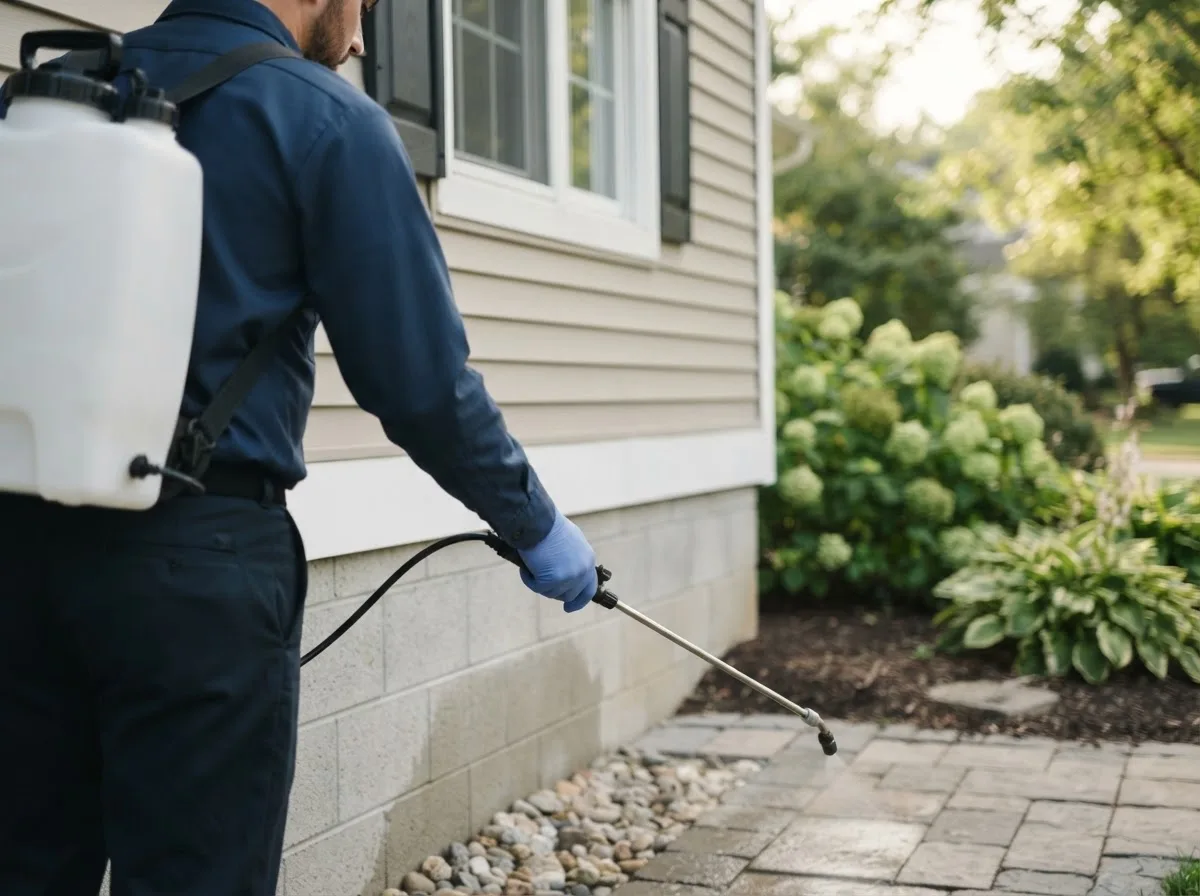 Pest control technician inspecting a home in Fairbank, IA